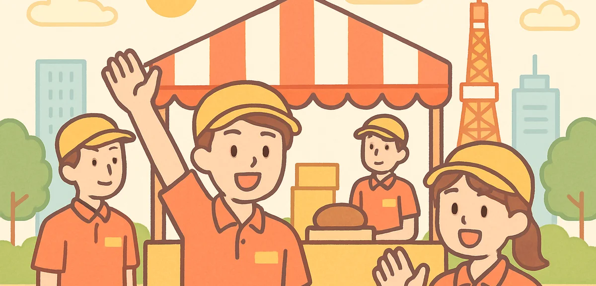 Young Japanese workers at a busy Tokyo event venue during Golden Week, festival booth, cheerful staf