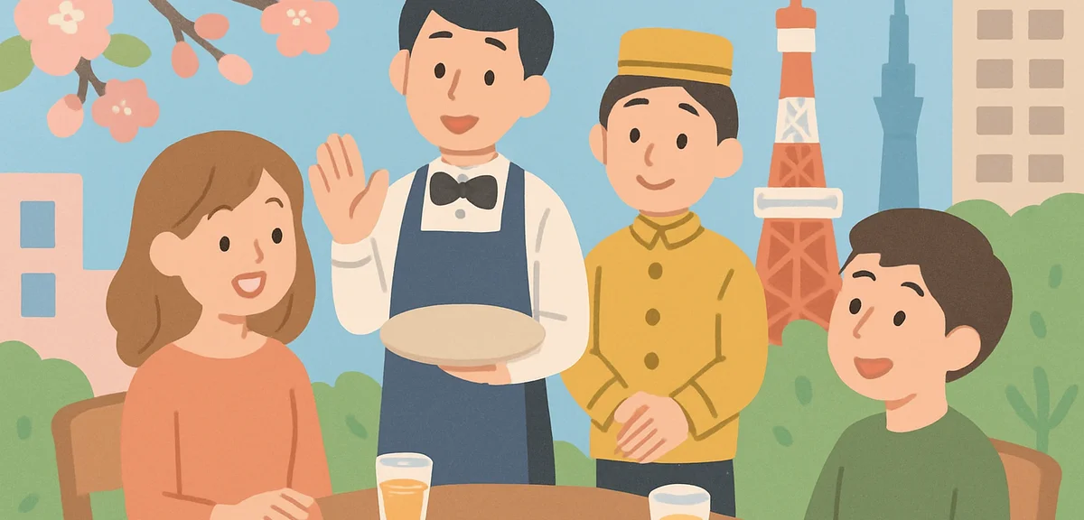 Waiter and hotel staff serving guests at a Tokyo restaurant during spring, stylish urban atmosphere