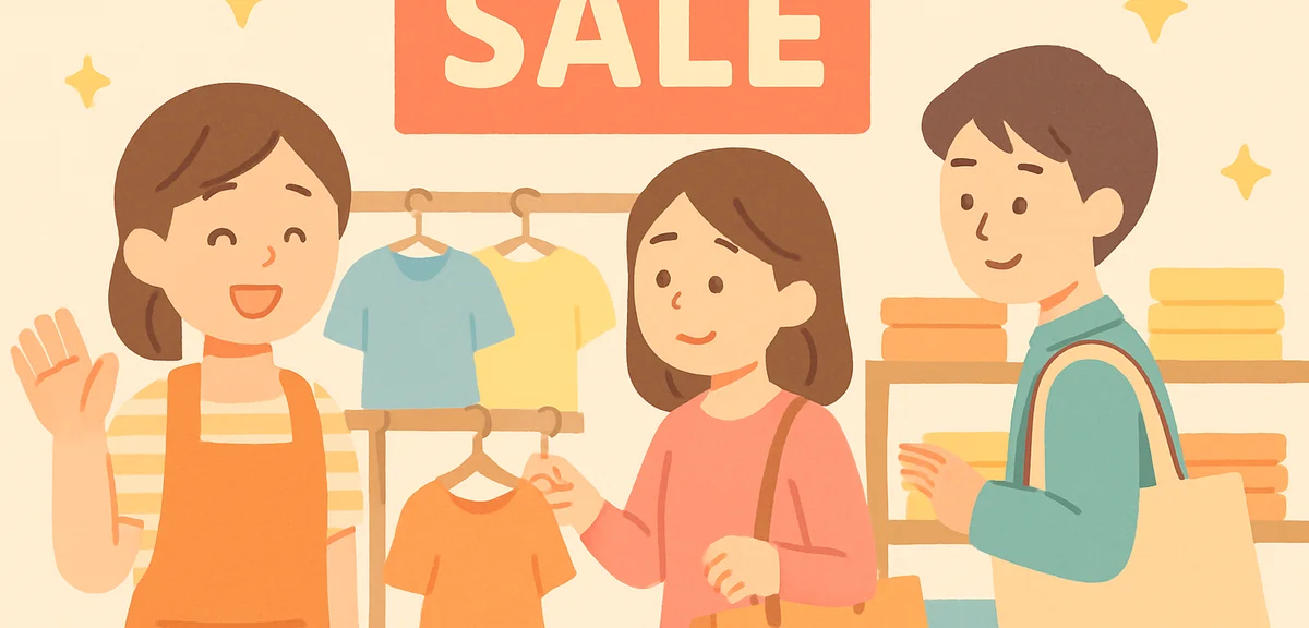 Retail staff at a Tokyo outlet mall during sale season, shoppers browsing, bright store interior