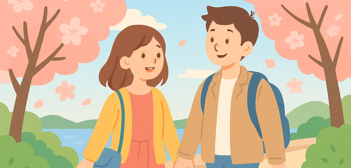 A Japanese couple walking hand in hand through a scenic Golden Week travel destination in spring, ch