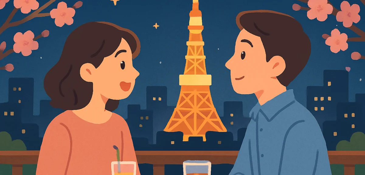 A young couple enjoying a scenic view of Tokyo Tower lit up at night during spring, rooftop terrace 