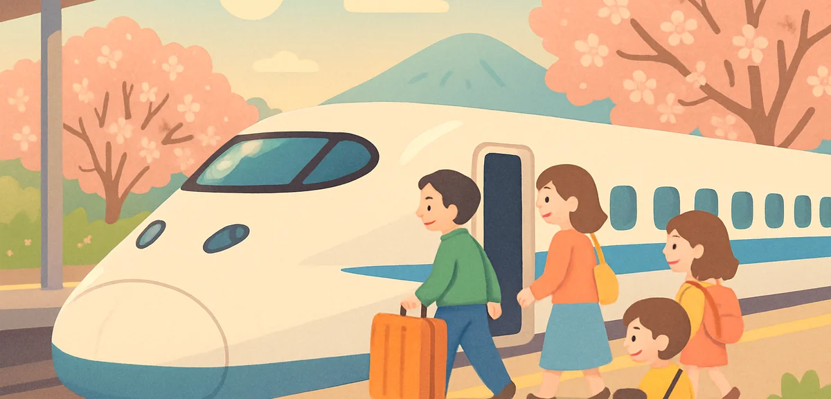 A Shinkansen Kodama train stopped at a quiet station platform during Golden Week, spring scenery, pa