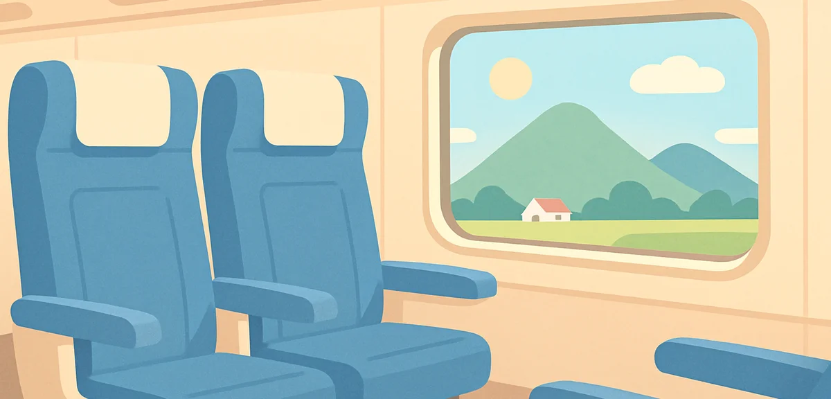 Interior of a Shinkansen train with plenty of empty seats, comfortable blue seats, window view of Ja