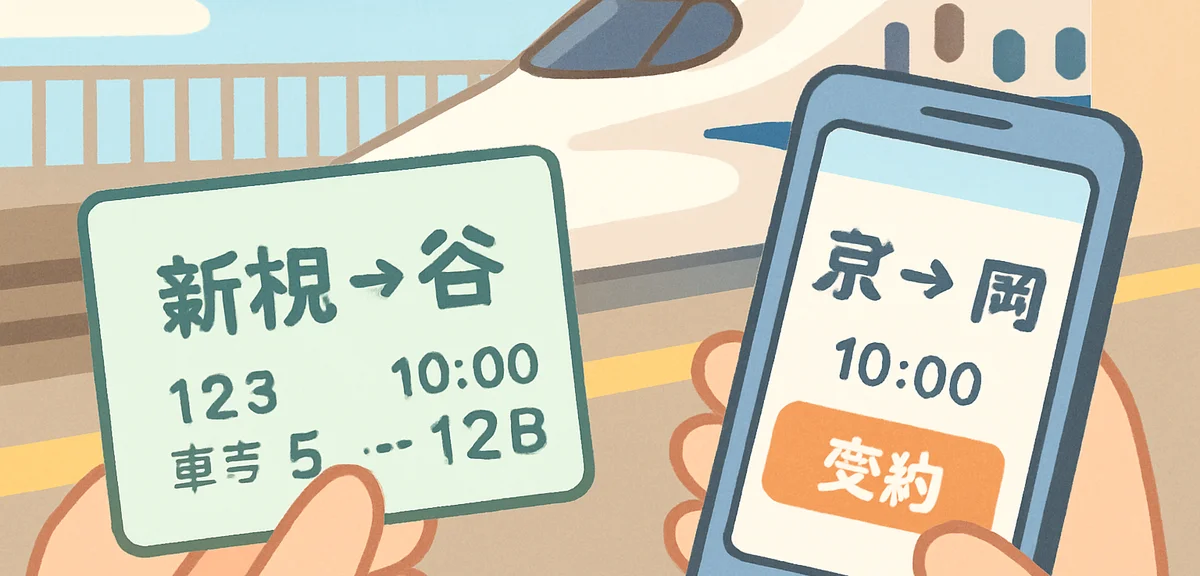 Close-up of a Shinkansen ticket and smartphone with a reservation app, station platform in backgroun