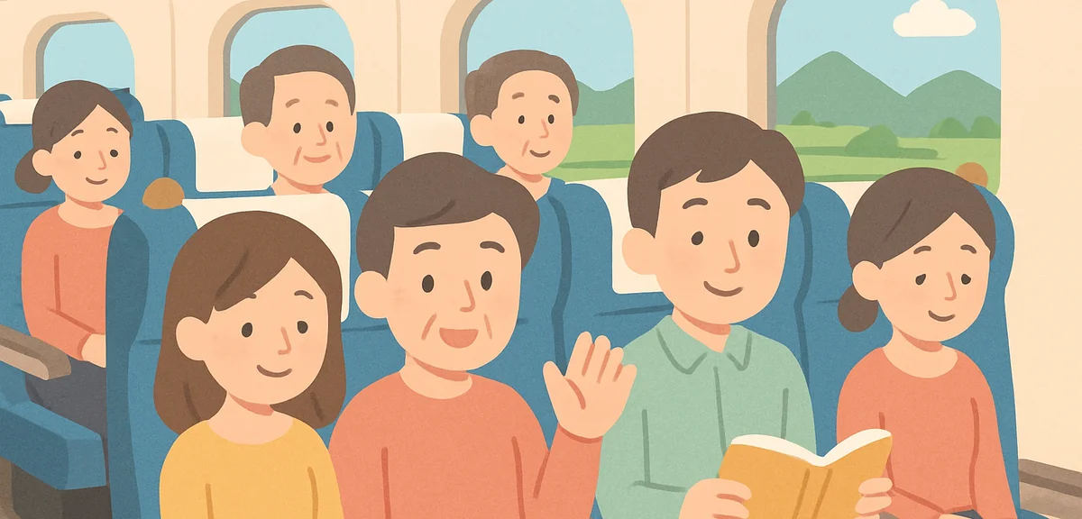 Interior of a fully booked N700S Nozomi Shinkansen with passengers seated, comfortable blue seats, w