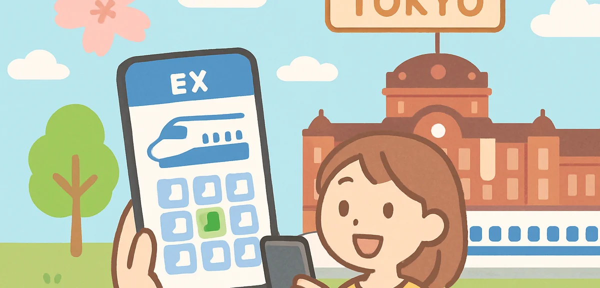 A smartphone screen showing EX reservation app with Shinkansen seat selection, Tokyo Station backdro