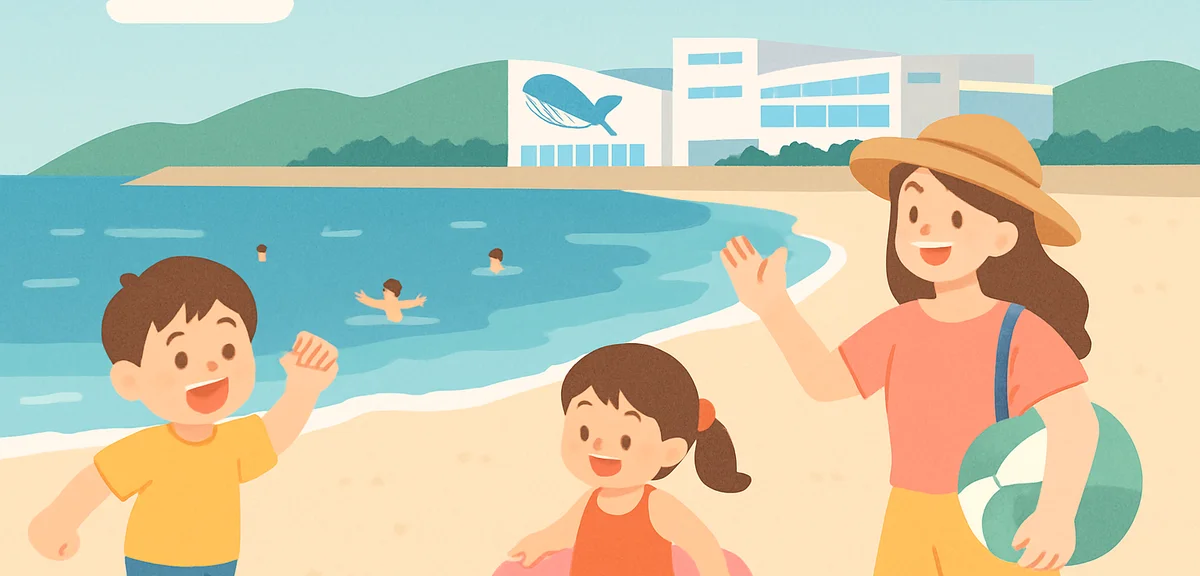 Families enjoying Oarai Sun Beach with Aqua World aquarium in Ibaraki coastal scenery