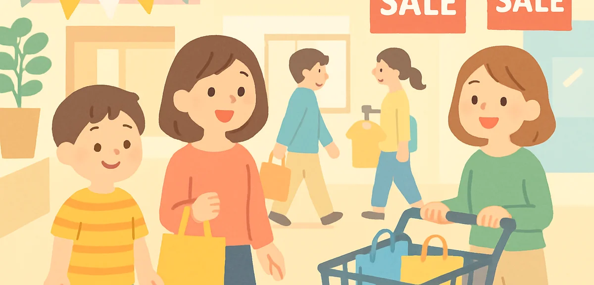 Bright interior of Japanese AEON Mall during Golden Week sale with shoppers and red sale tags