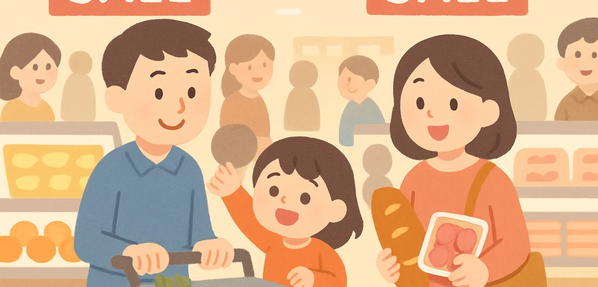 Japanese family shopping in AEON supermarket food section with sale signs and weekend crowd