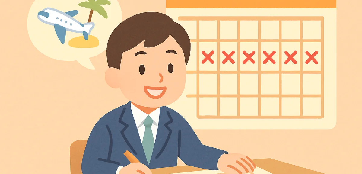 Japanese office worker smiling while planning long Golden Week vacation with calendar