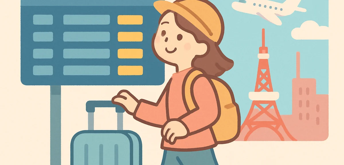 Traveler at Tokyo airport with suitcase during long holiday looking at departure board