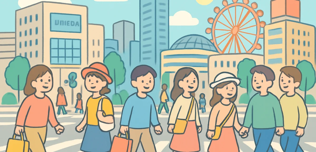 Osaka Umeda area with shoppers crossing wide intersection during Golden Week holiday season