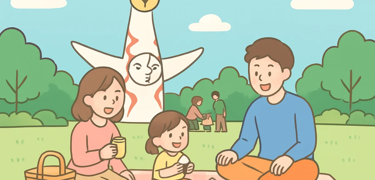 Osaka Expo Memorial Park with Tower of the Sun and families enjoying picnic during Golden Week
