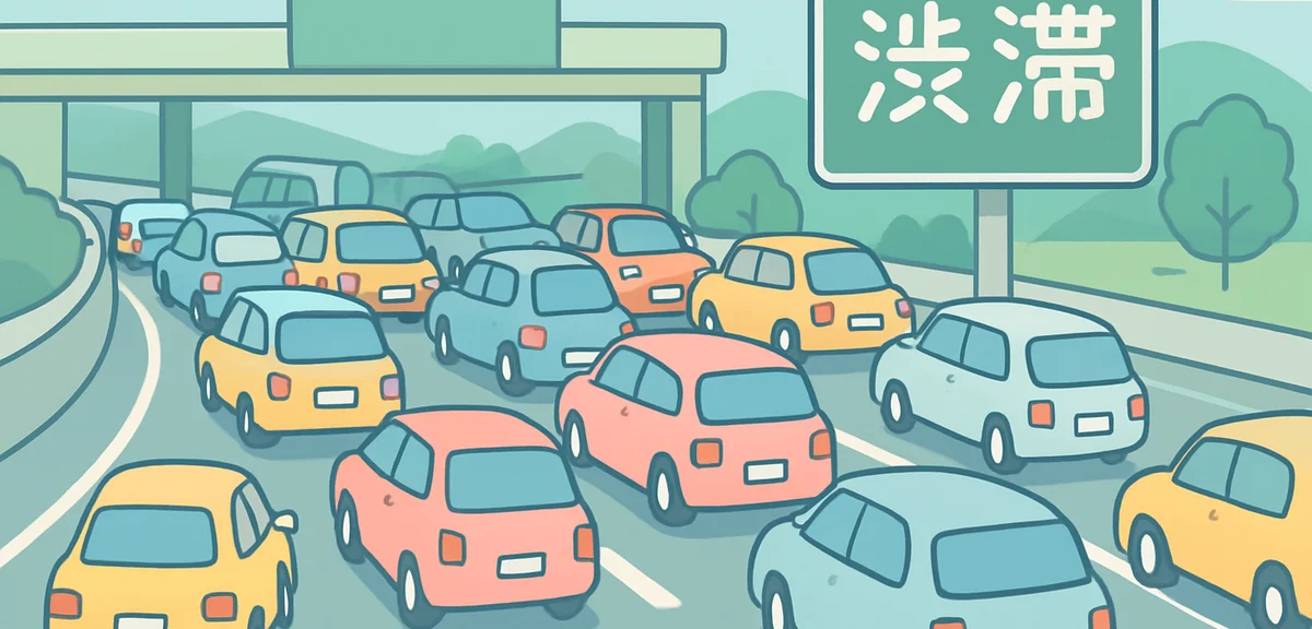 Japanese highway scene with many cars during Golden Week traffic jam, modern view from elevated angl