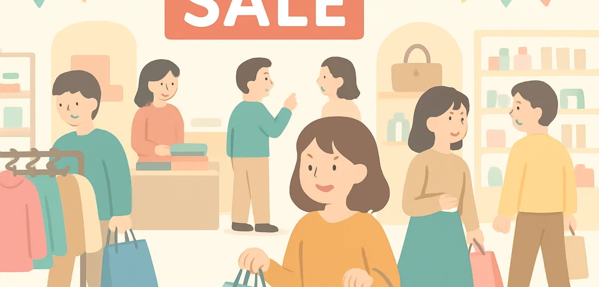 Japanese department store main floor crowded with shoppers during Golden Week sale period