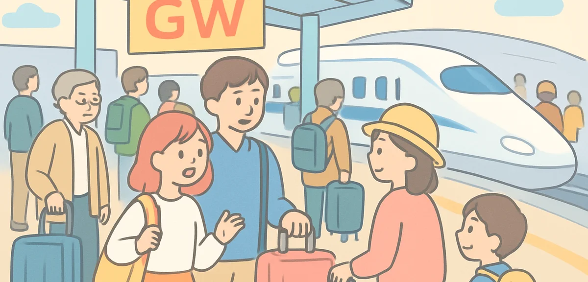 Packed Shinkansen station platform with travelers and suitcases during Golden Week peak day in Japan