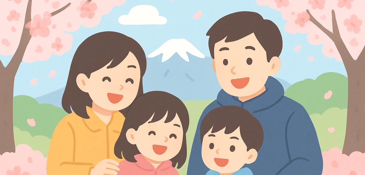 Happy Japanese family with kids enjoying Hokkaido spring nature with cherry blossoms in background, 