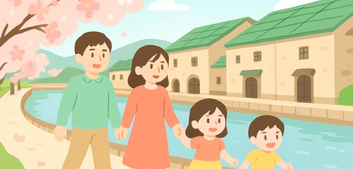 Otaru canal with historic stone warehouses and cherry blossoms during Golden Week, family walking al