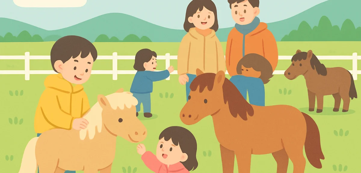 Children interacting with ponies at Northern Horse Park in Hokkaido, green fields, families in warm 