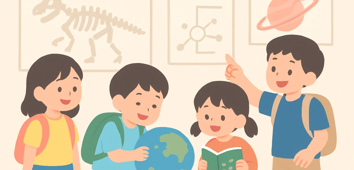 Japanese elementary school children at different ages engaging with interactive museum exhibits, mix