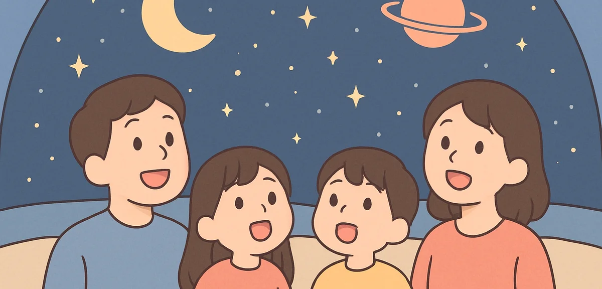Elementary school children looking up at starry planetarium ceiling with parents, amazed expressions