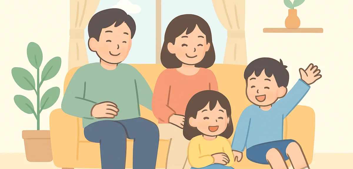 Japanese parents and elementary school children resting at home between Golden Week outings, relaxed