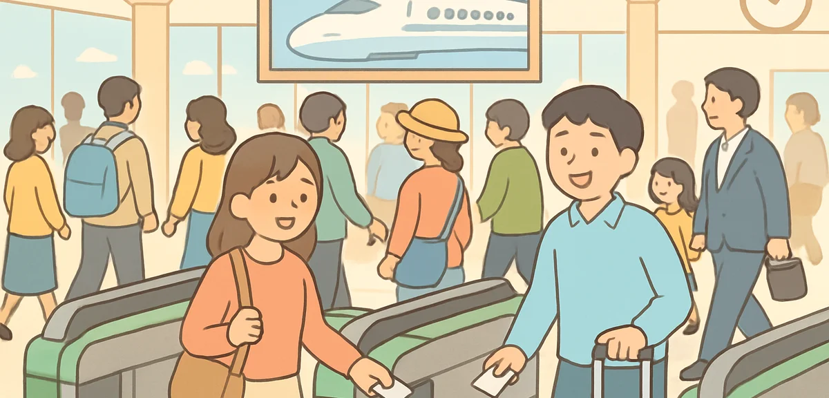 Tokyo Station interior with Shinkansen ticket gates and travelers departing during Golden Week, busy