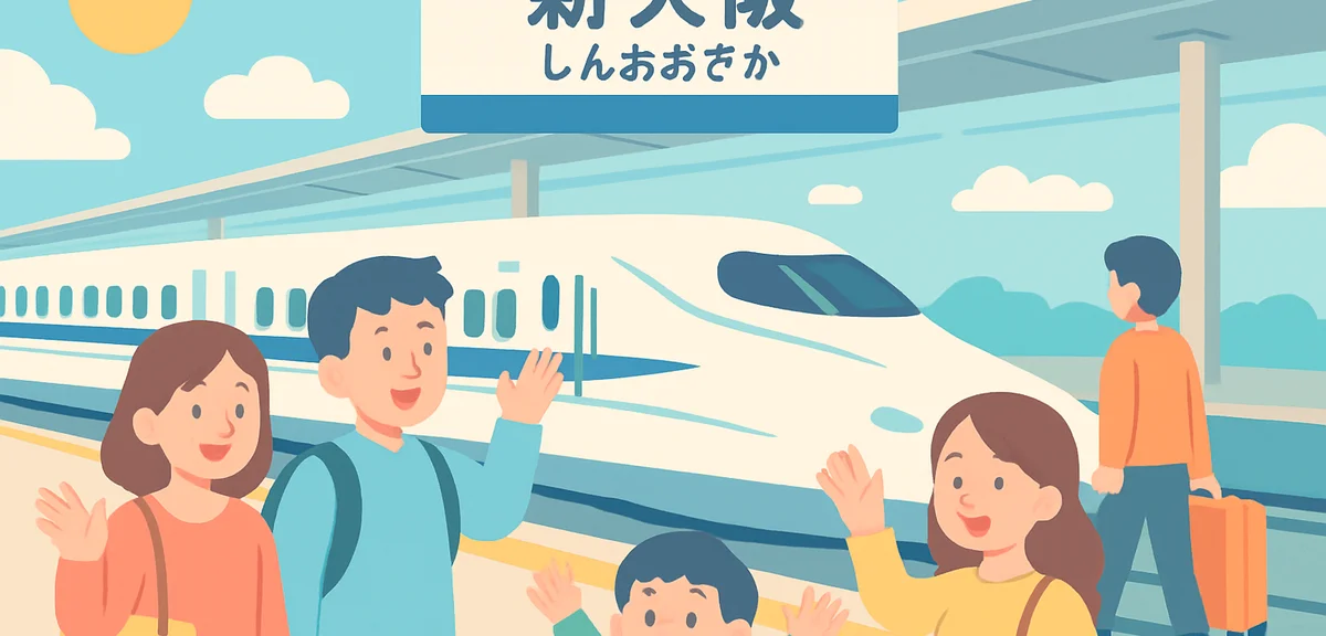 Shin-Osaka Station platform with Nozomi Shinkansen departing during Japanese Golden Week holiday mor