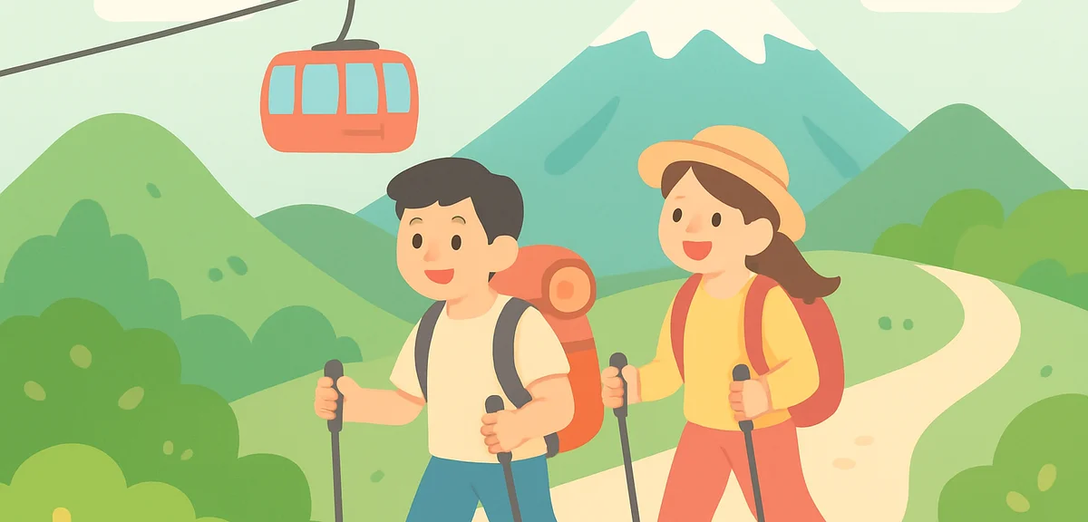 Hikers on well-paved mountain trail with cable car nearby, beginner-friendly route in Japan during G