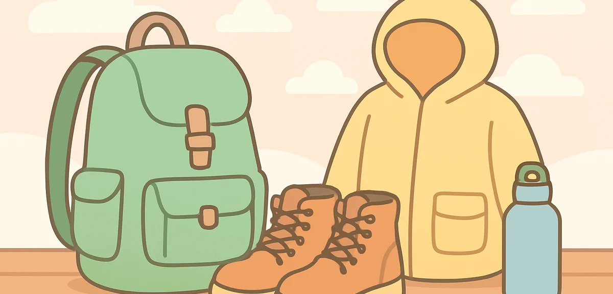 Hiking gear collection on wooden surface including backpack hiking boots rain jacket and water bottl