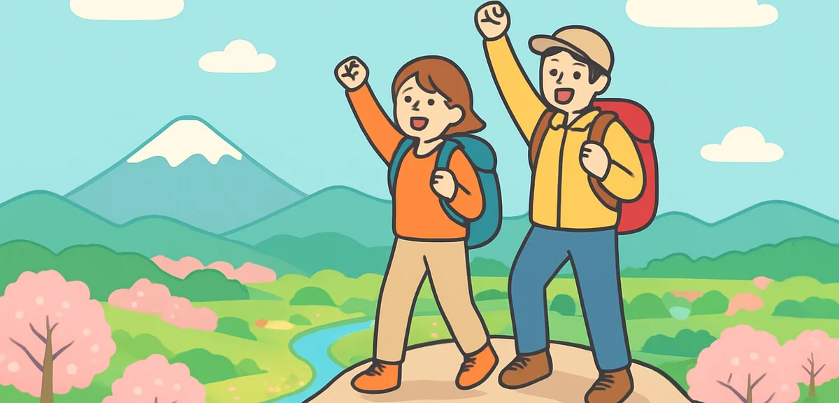 Hikers reaching mountain summit with panoramic spring landscape view in Japan, sense of accomplishme