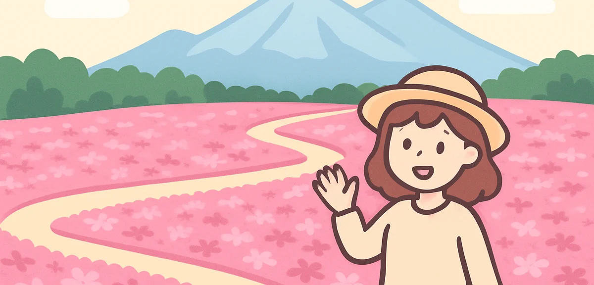 Pink shibazakura moss phlox flower carpet at Hitsujiyama Park in Chichibu with mountain backdrop dur