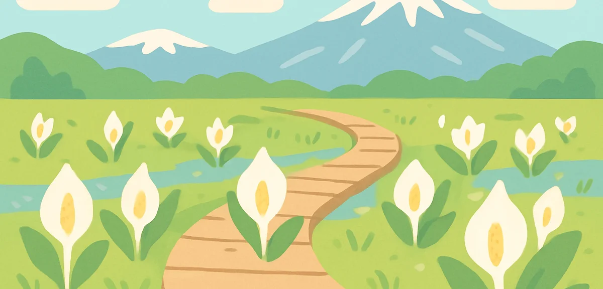 Mizubasho skunk cabbage white flowers blooming on wooden boardwalk in Oze marshland with snow-capped