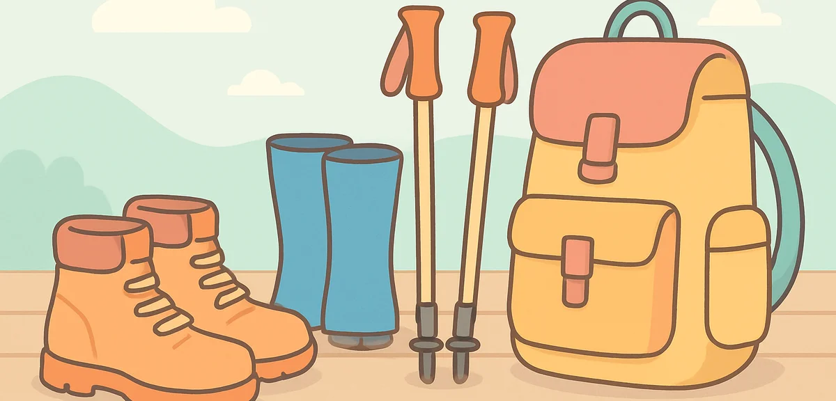 Hiking gear collection including waterproof boots gaiters trekking poles and backpack laid out on wo