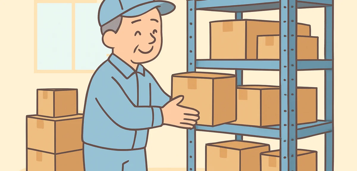 Mature Japanese worker in 50s sorting items at warehouse with comfortable uniform, light physical wo