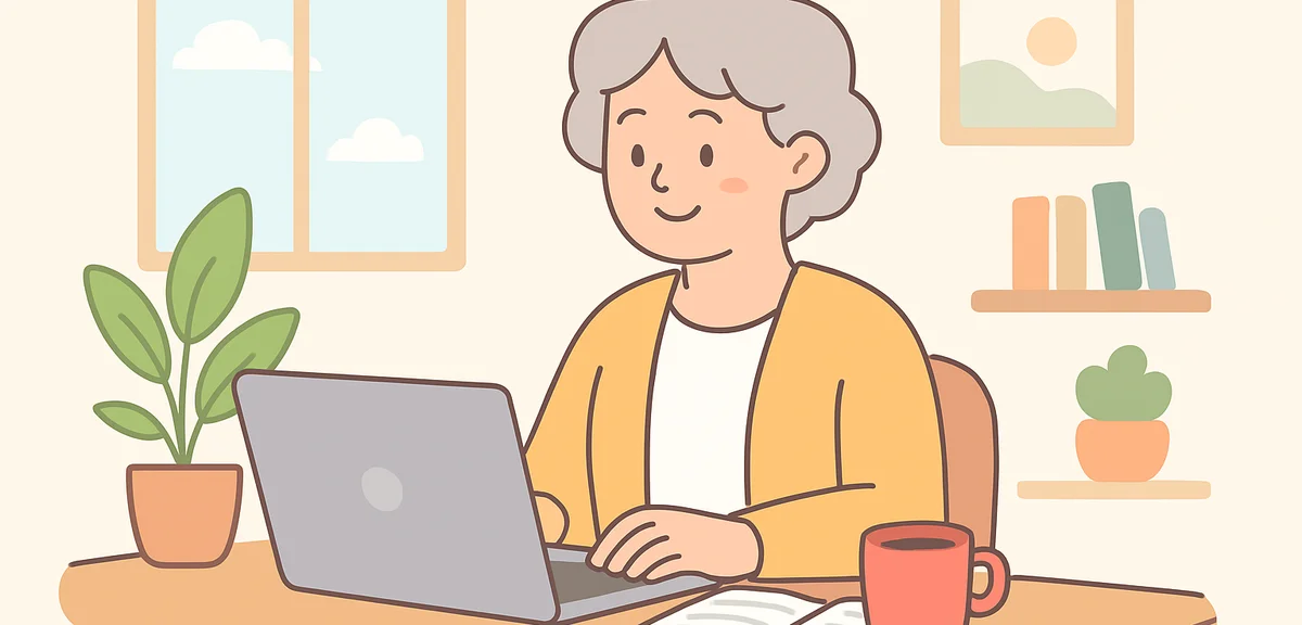 50s person working remotely from home on laptop computer with notebook and coffee in comfortable hom