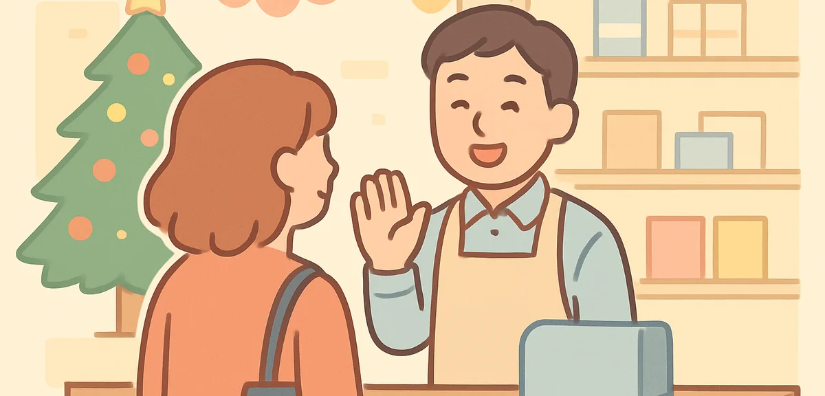 50s shopkeeper greeting customer at retail store with warm professional smile during busy holiday se