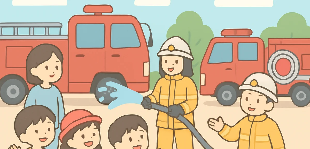 Children participating in free fire department open event with fire trucks and firefighter demonstra