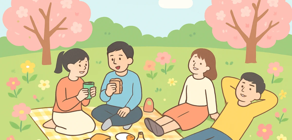 Visitors enjoying picnic and relaxing at large public garden park with seasonal flowers blooming dur