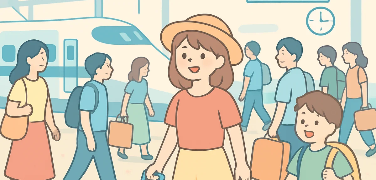 Crowded shinkansen train station during Obon return rush with travelers carrying summer luggage