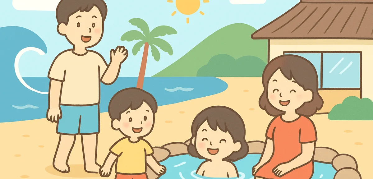 Family enjoying Obon summer vacation at beach resort or hot spring with relaxed atmosphere, summer h