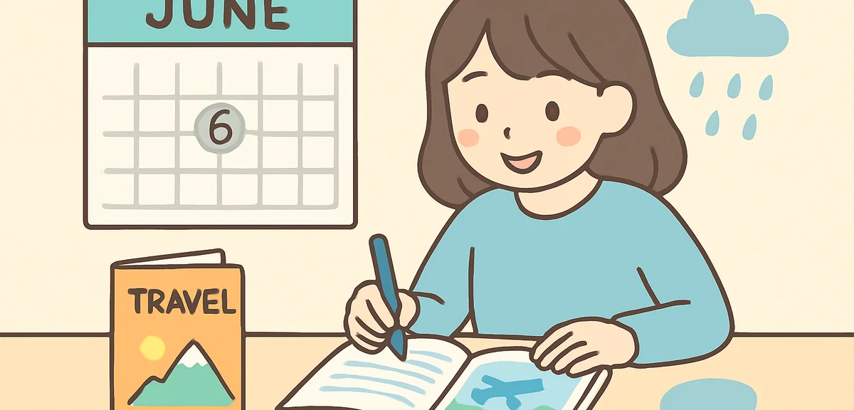 Japanese person planning trip during rainy season June with calendar and travel guides on desk