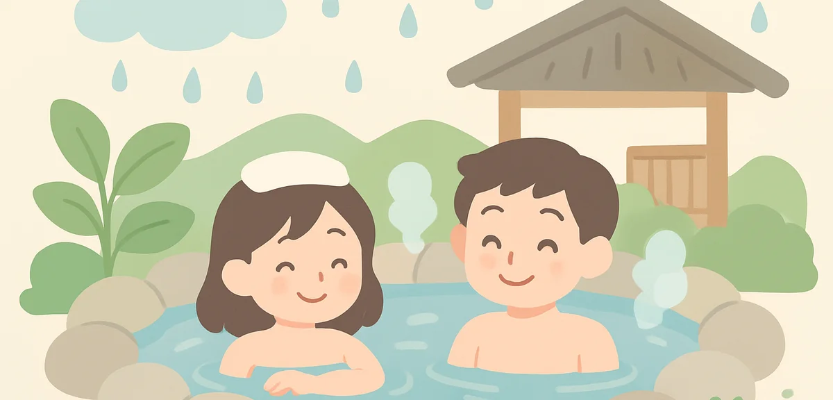 Couple enjoying short trip to hot spring during June rainy season weekend with relaxed Japanese sett