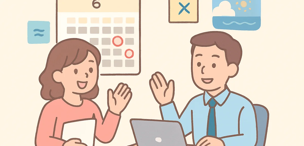 Office worker requesting vacation days from supervisor during June with calendar planning notes