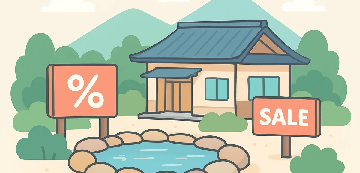 Empty hot spring resort with discount signs during off peak May or June season, peaceful Japanese ry