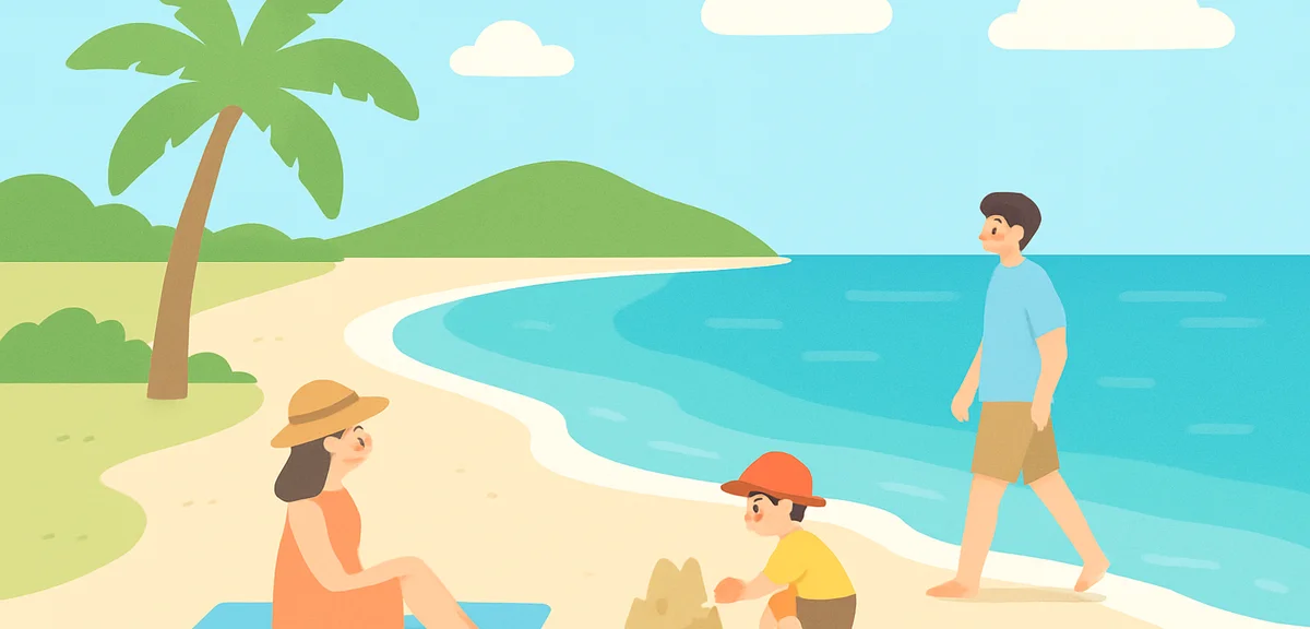 Calm Okinawa beach in early summer with few visitors blue water and white sand perfect off season we