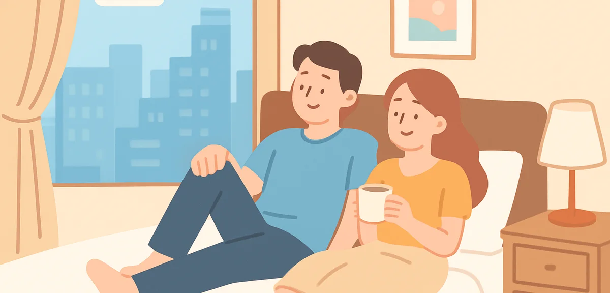 Couple relaxing at affordable luxury hotel during off peak season with city view value for money tra