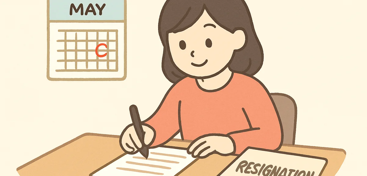 Japanese person writing resignation letter at desk with May calendar showing important career decisi