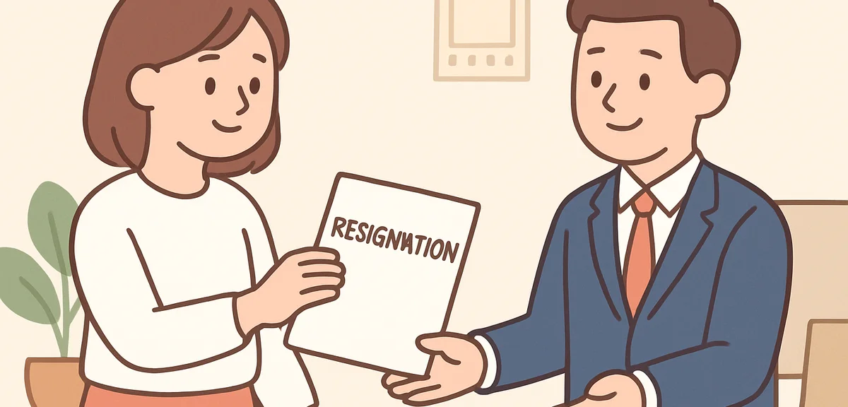 Office worker handing resignation paper to supervisor in calm professional manner with mutual respec