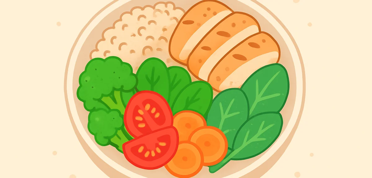 Healthy salad bowl with grilled chicken vegetables and brown rice for diet reset, well balanced nutr